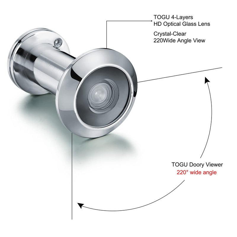 TOGU TG2814YG-PH Solid Brass UL Listed HD Glass Lens 220-degree Door Viewer Peephole with Heavy Duty Privacy Cover for 1-3/8" to 2-1/6" Doors, Polished Chrome Finish - Image 3